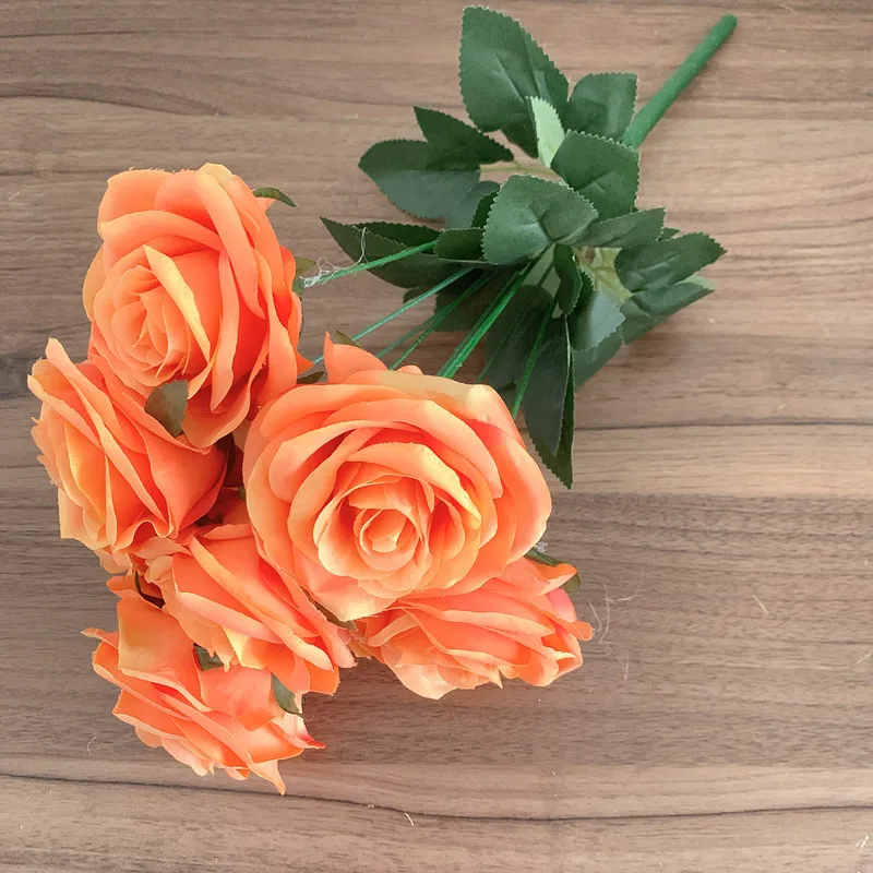 9Heads Roses Bouquet Artificial Flower Yellow Golden orange sunset Champagne Rose Fake Rose Living Room  Decoration Wedding