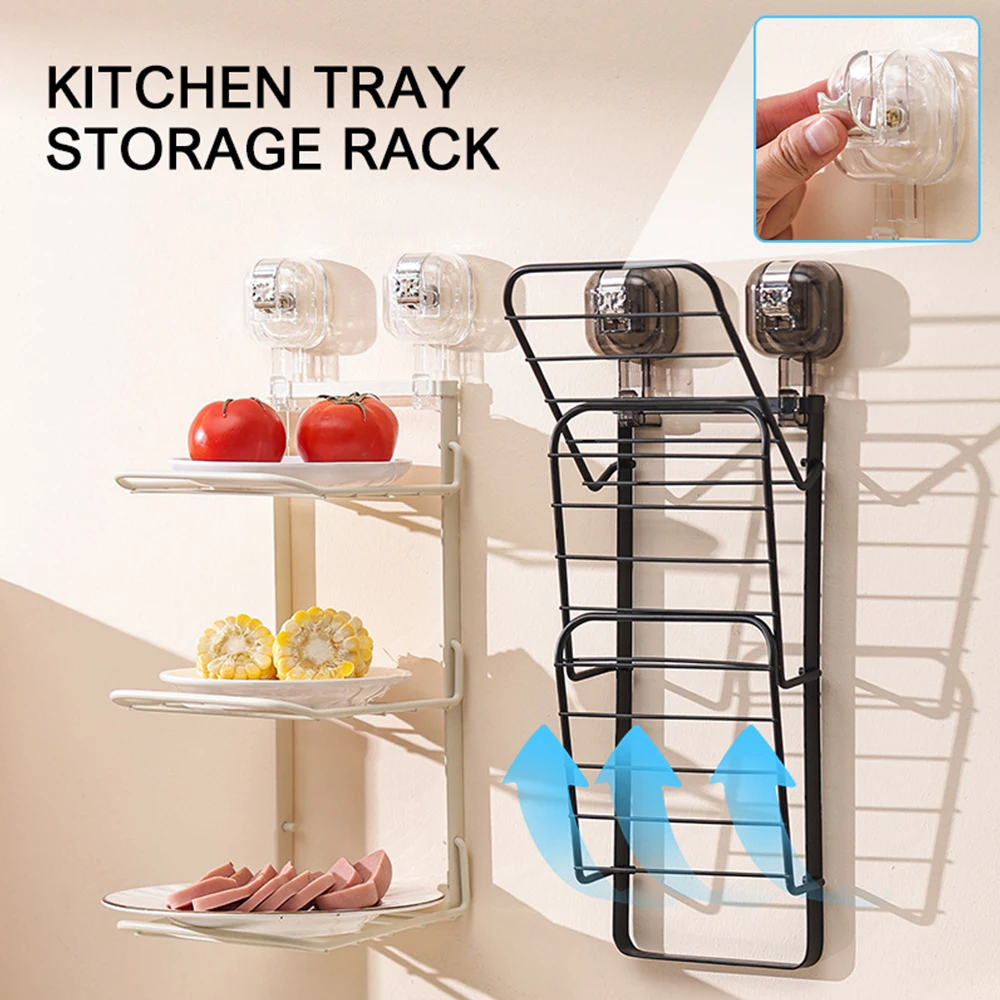 

Suction cup kitchen dish storage rack, wall mounted multi-layer side dish storage rack, foldable without punching holes