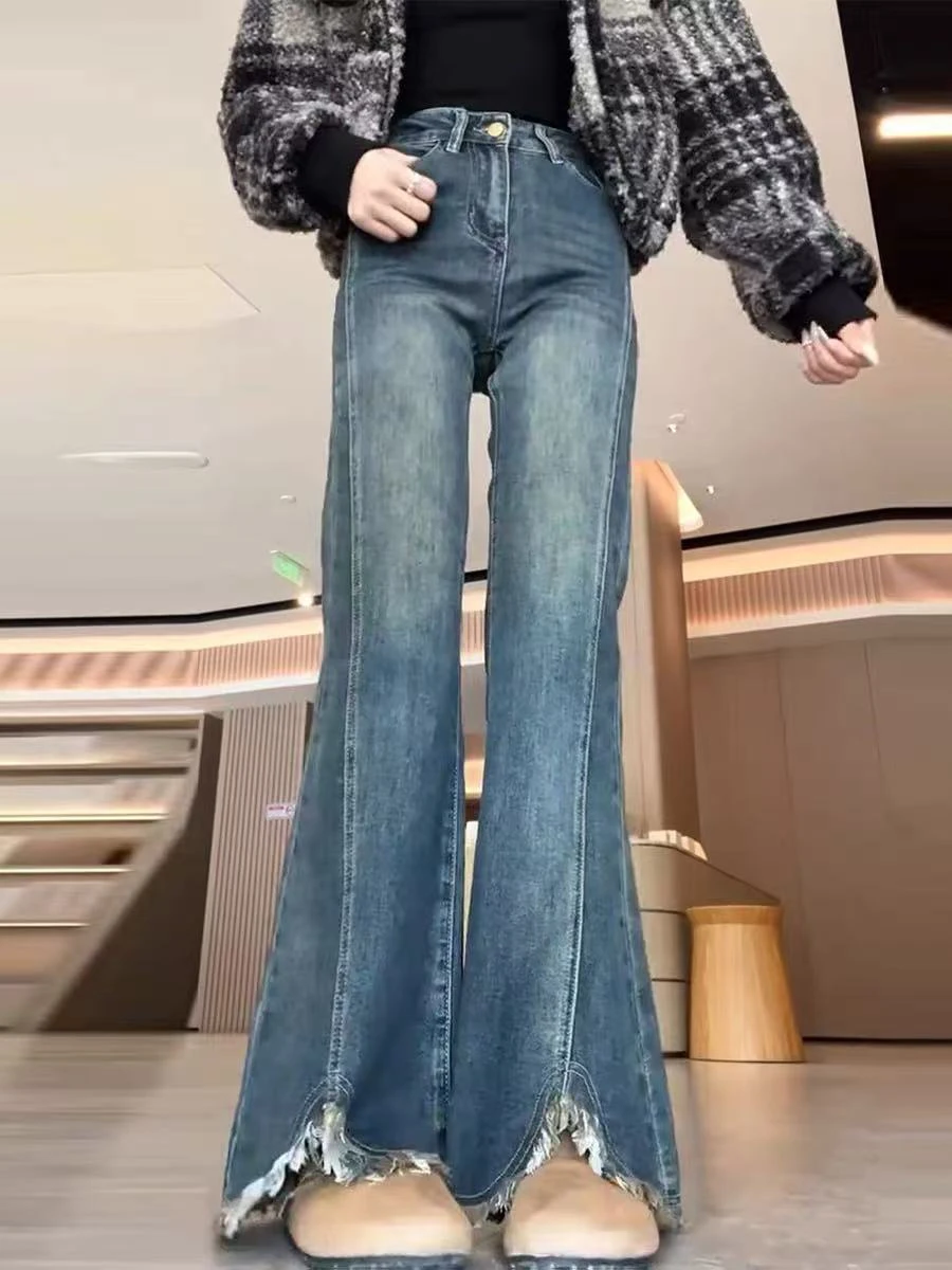 

Джинсы женские с высокой талией, расклешенные, прямые, длиной в пол, на резинке, больших размеров, для весны и осени