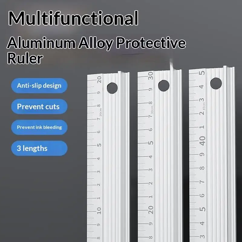 Aluminum Alloy Protective Ruler Anti Slip Design Cut Resistant Edge No Ink Bleed For School Office Drawing Crafting Measuring