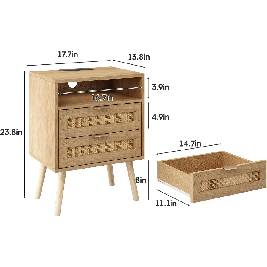 Rattan Nightstand Set of 2 for Bedroom, Natural Rattan, Natural Wood Tone, Built-in Charging Station Dual Drawers