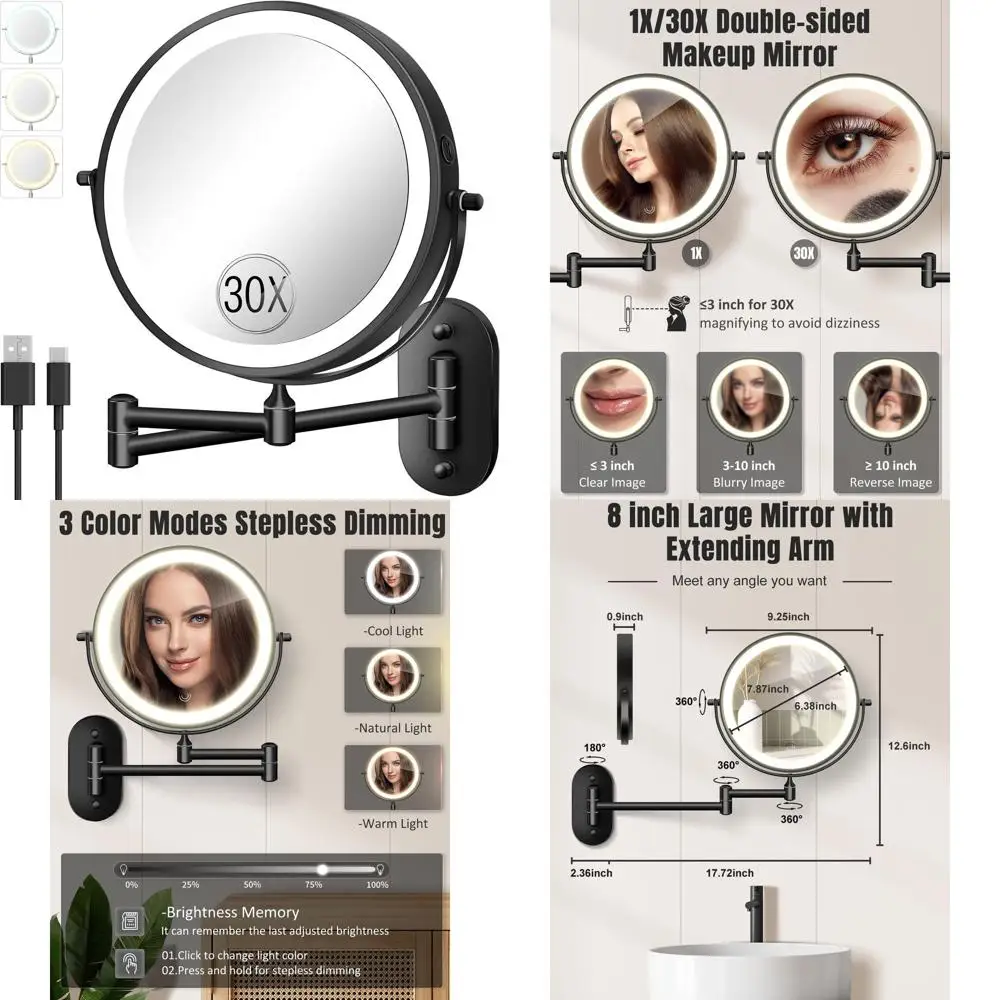 8 doppelseitiger, mit LED beleuchteter Schminkspiegel mit Touch-Dimmung, 360° °   Dreharm und 3 Farbtemperaturen