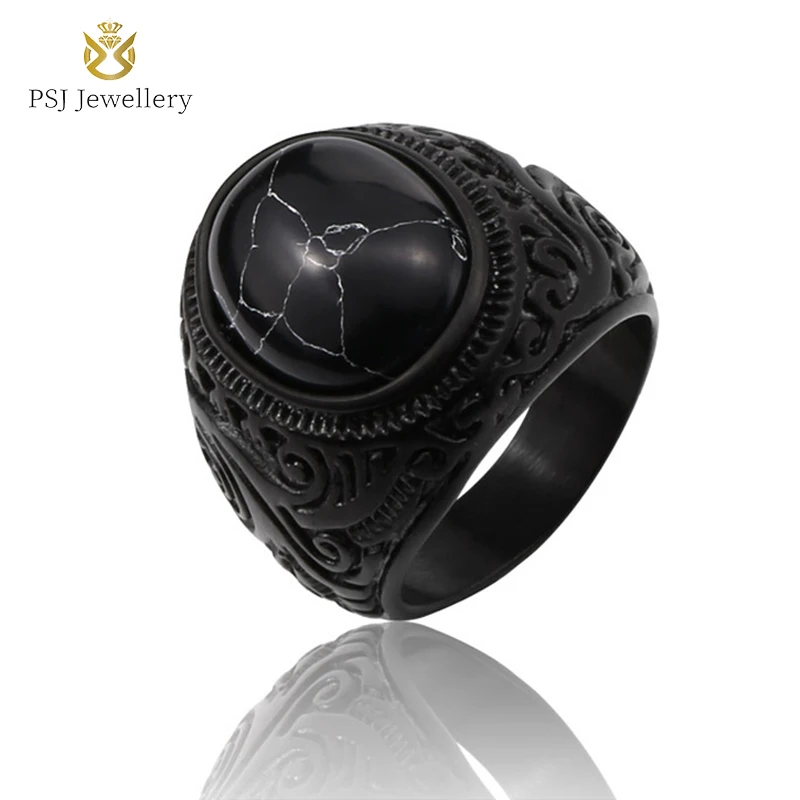 

PSJ Jewelry Fashion Vintage IP Black Plated Engraved Oval Gemstone Titanium Stainless Steel Rings for Men