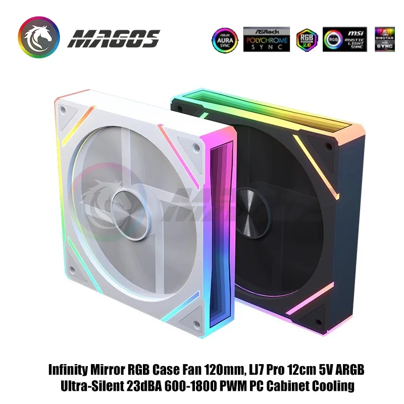 Infinity Mirror RGB Case Fan 120mm, LJ7 Pro 12cm 5V ARGB Ultra-Silent 23dBA 600-1800 PWM PC Cabinet Cooling