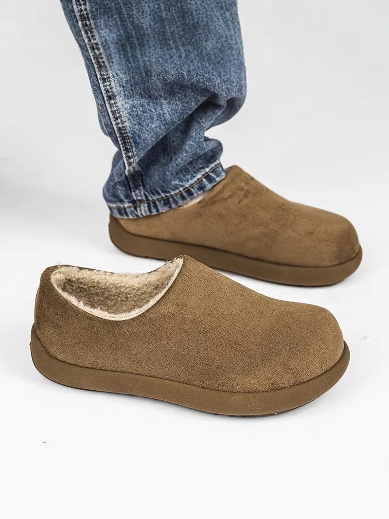 Men's Winter Thickened Fleece Lined Fur Integrated Slip-On Snow Boots Warm Bken Shoes Casual round Toe Low Heel PU Material