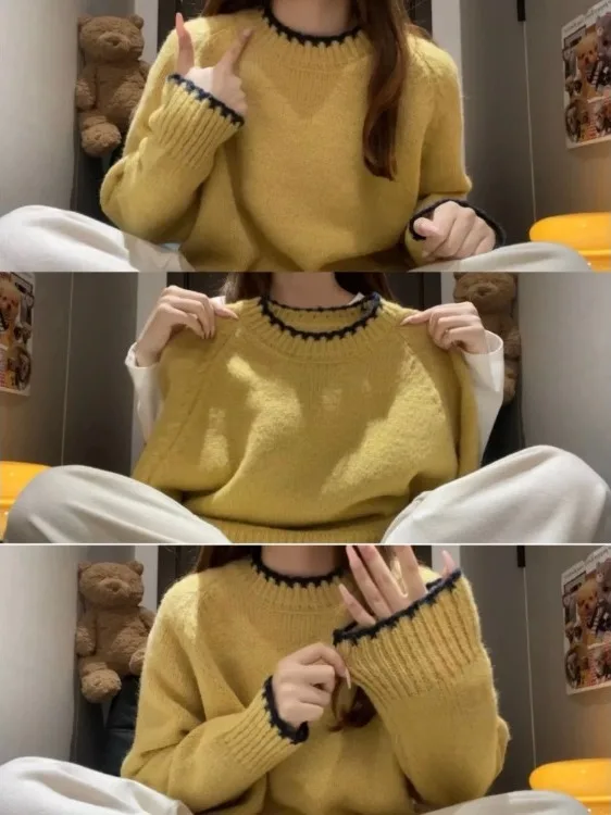 

Yellow Knitted Sweater Women's round Ne Inner Wear Casual Sle Autumn Winter New Arrival Versatile Top for Small Figures