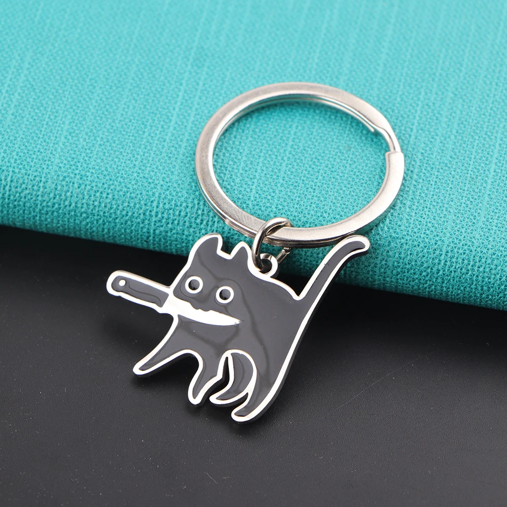 5pcs/lot Stainless Steel Cartoon Black Cat Keychain Kitten With Knife In Mouth Charm Backpack Car Key Ring Jewelry Decoration