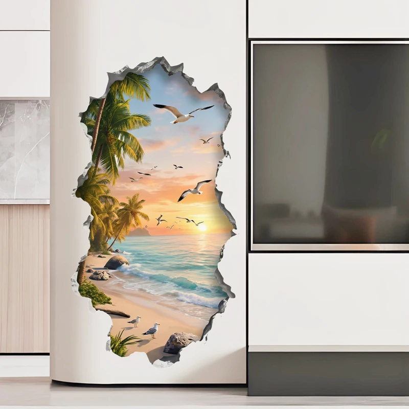Sunset Sea View Mural on the Door Fridge for Home Decoration Aesthetic Room Wall Hole Art Beach Palm Trees Seagull Vinyl Sticker
