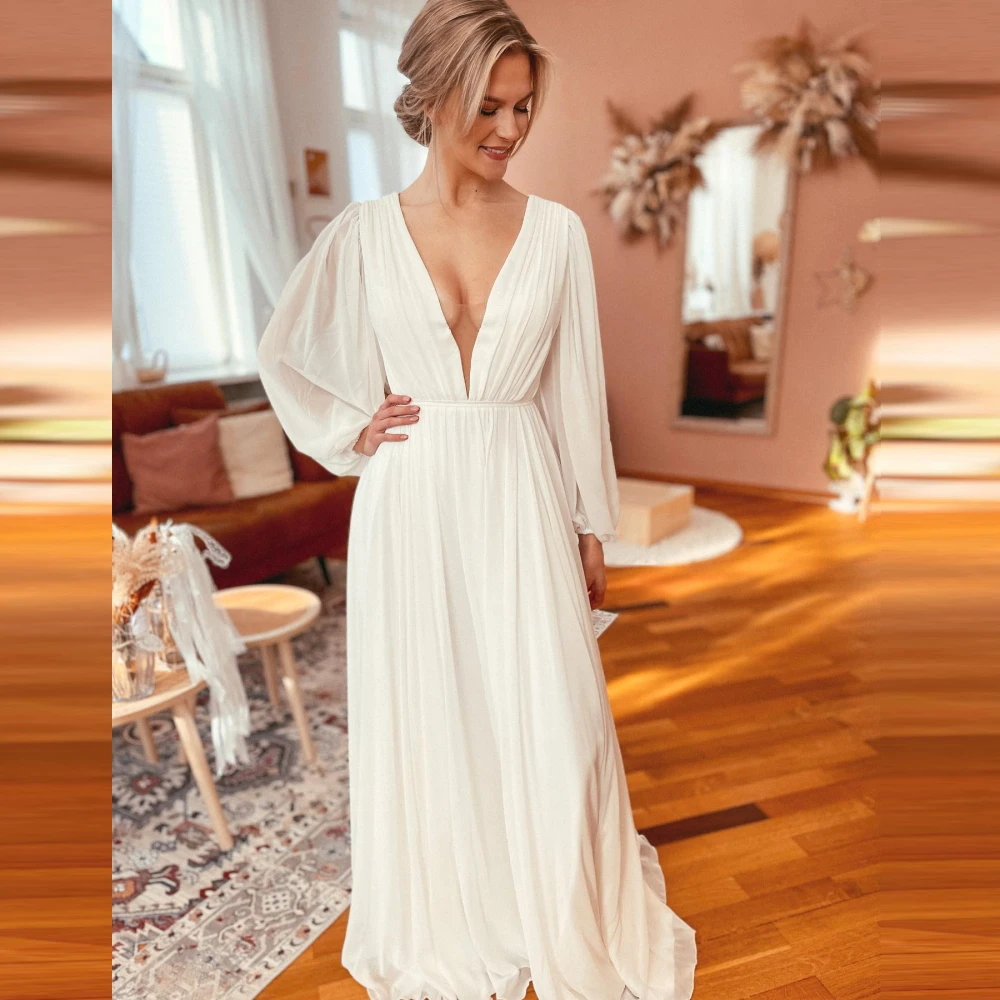 

SONDR Popular Deep V-Neck Wedding Dresses Vintage Elegant Vestido De Noiva Puffy Sleeves Ivory Women Bridal Dresses Factory