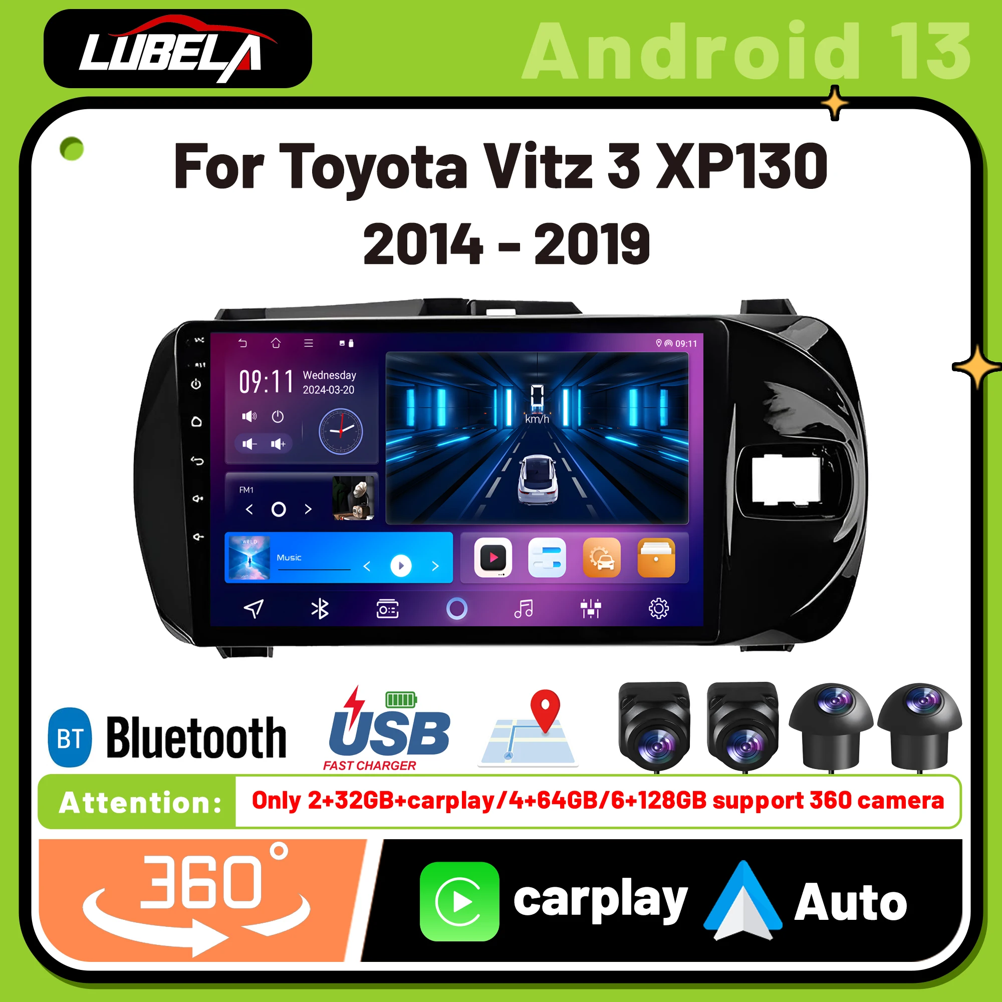 

4G Android Auto Radio For Toyota Vitz 3 XP130 2014 2015 2016 2017-2019 Car stereo Multimedia Player Carplay 360 camera GPS 2DIN