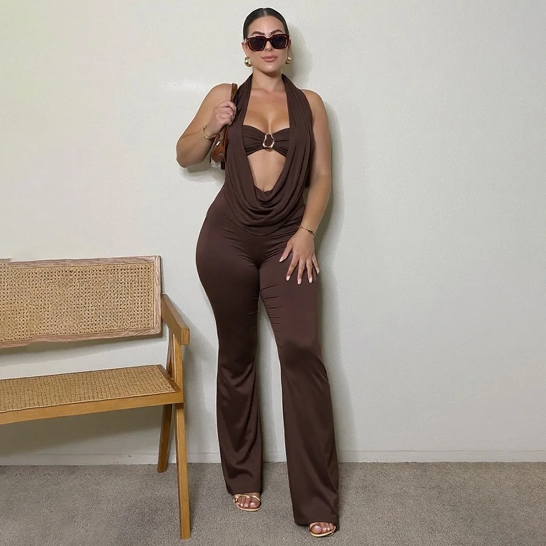 Black Women Jumpsuit 2 Pieces Top Bra+Pants Sexy Halter Sleeveless Long Sheath Party Gown Formal Evening Birthday Prom Robe