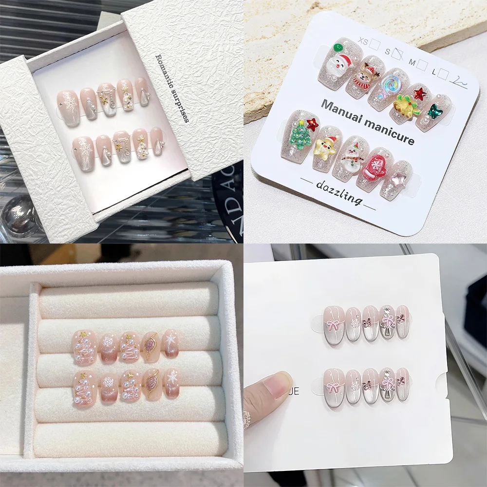 Rainbow Ghini 10pcs Winter Vibe Press on Nails White Fine Glitter Almond Fake Nails Christmas Gel Nail Tips for Women Girls Gift