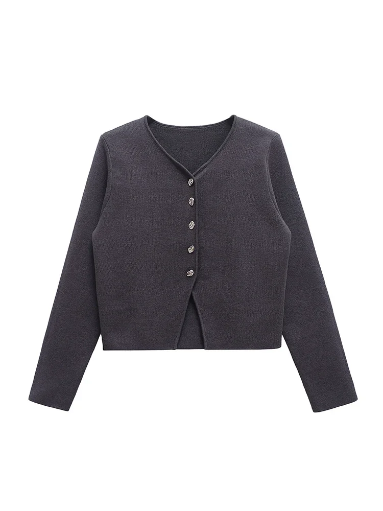 

Willshela Women Fashion Grey Single Breasted Knitted Sweater Vintage V-Neck Long Sleeves Female Chic Lady Outfits