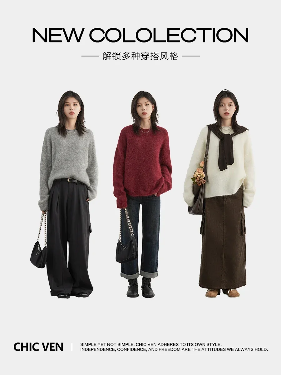 CHIC VEN Women Sweaters Loose Solid Round Neck Curly Edge Female Pullovers Soft Knit Jumpers Female Top Autumn Winter 2024