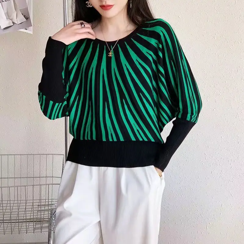 الاتجاه مخطط التباين محبوك البلوفرات الخريف جديد طويل الأكمام س الرقبة فضفاضة Vintage البلوزات قمة الموضة ملابس النساء الأنيقة