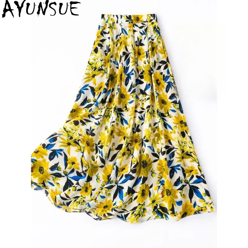 AYUNSUE Silk Double Crepe Women's Skirts Vacation Style Printed Summer Dresses Elastic Waist Swing Skirt Woman Clothes Юбка