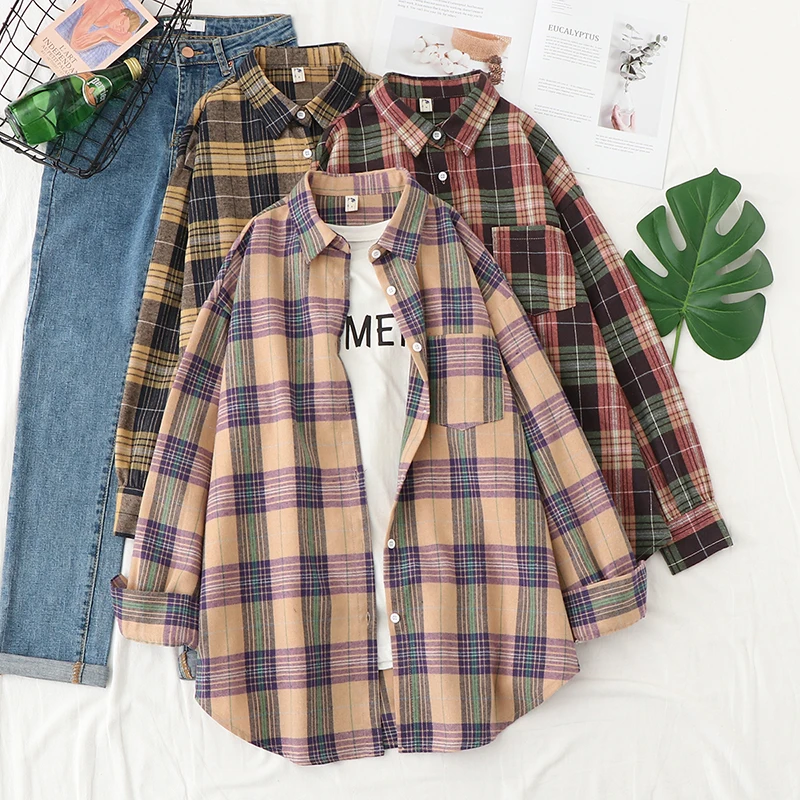 2023 Autumn New Casual Loose Plaid Shirt Women Fresh College Style  Long Sleeve Blouses and Tops Female Checked Shirts.Clothes