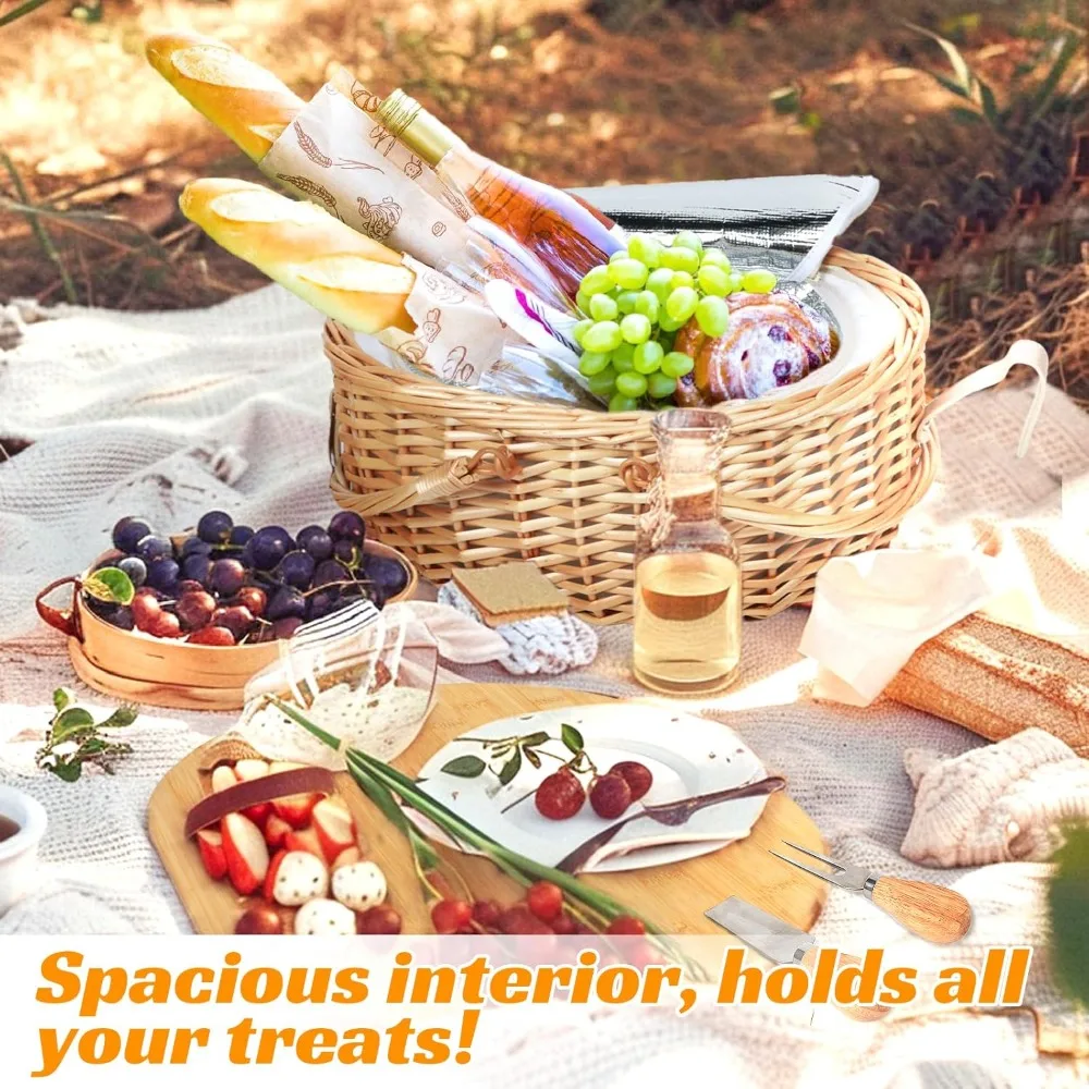 مجموعة سلة نزهة من الخيزران المحمولة مع لوح تقطيع وبطانية - هدية مثالية للأزواج وحفلات الزفاف والنزهات العائلية