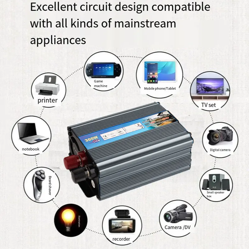 Pure Sine Wave Inverter 12v/24v to 220v Suitable for Small Cars and Trucks 300W High Power with USB Interface and Power Socket