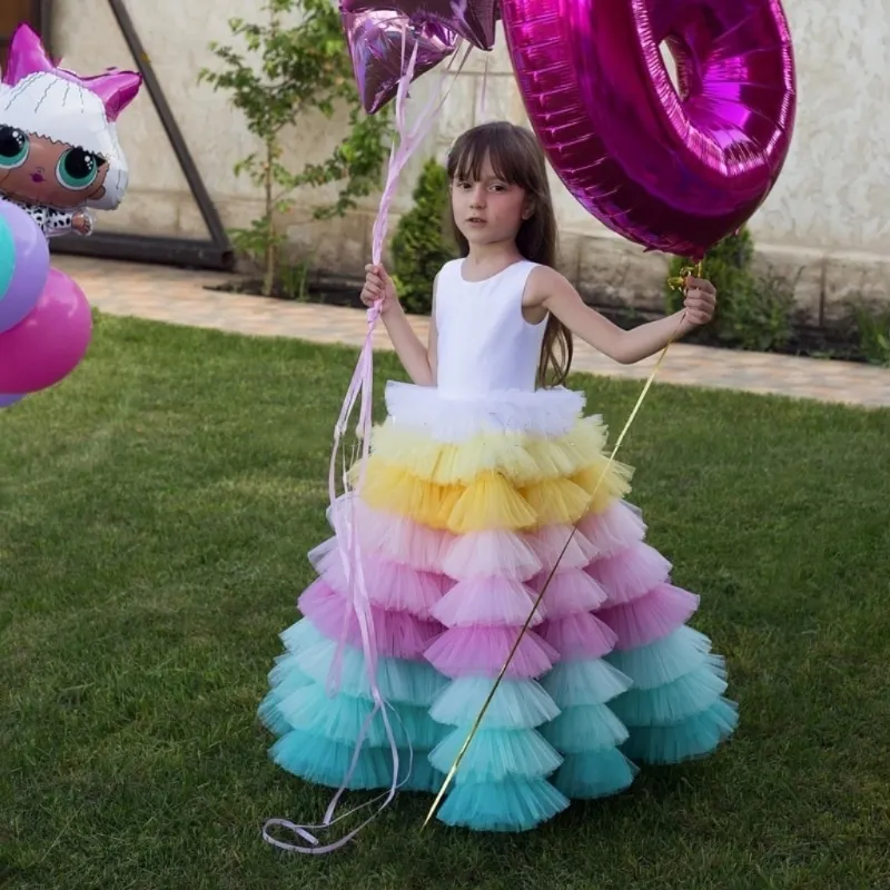 Baby Girl Princess Layered Tutu Dress Rainbow Infant Toddler Tulle Patchwork Vestido Evening Party Pageant Birthday 1-12Y