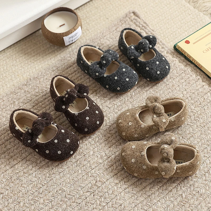 Toddler Kids Round Toe Soft Fleece Felt Ballet Flats Baby Girls Winter Warm Wool Mary Janes Child Bowknot Design Fluffy Shoes