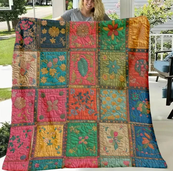 Farbenfrohe Patchwork-Blumen-Quiltdecke, Weiche Polyester-Wurfdecke mit Modernem Geometrischem Muster für Ganzjahres-Komfort, Ideal für Wohndekoration – Detail 10