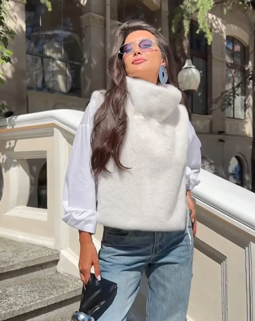 Women Faux Mink Fur Vests Coats Solid Fur Jackets Lace Up Cotton Linen Turtleneck Sleeveless Loose Fit Casual 2026 Autumn Winter