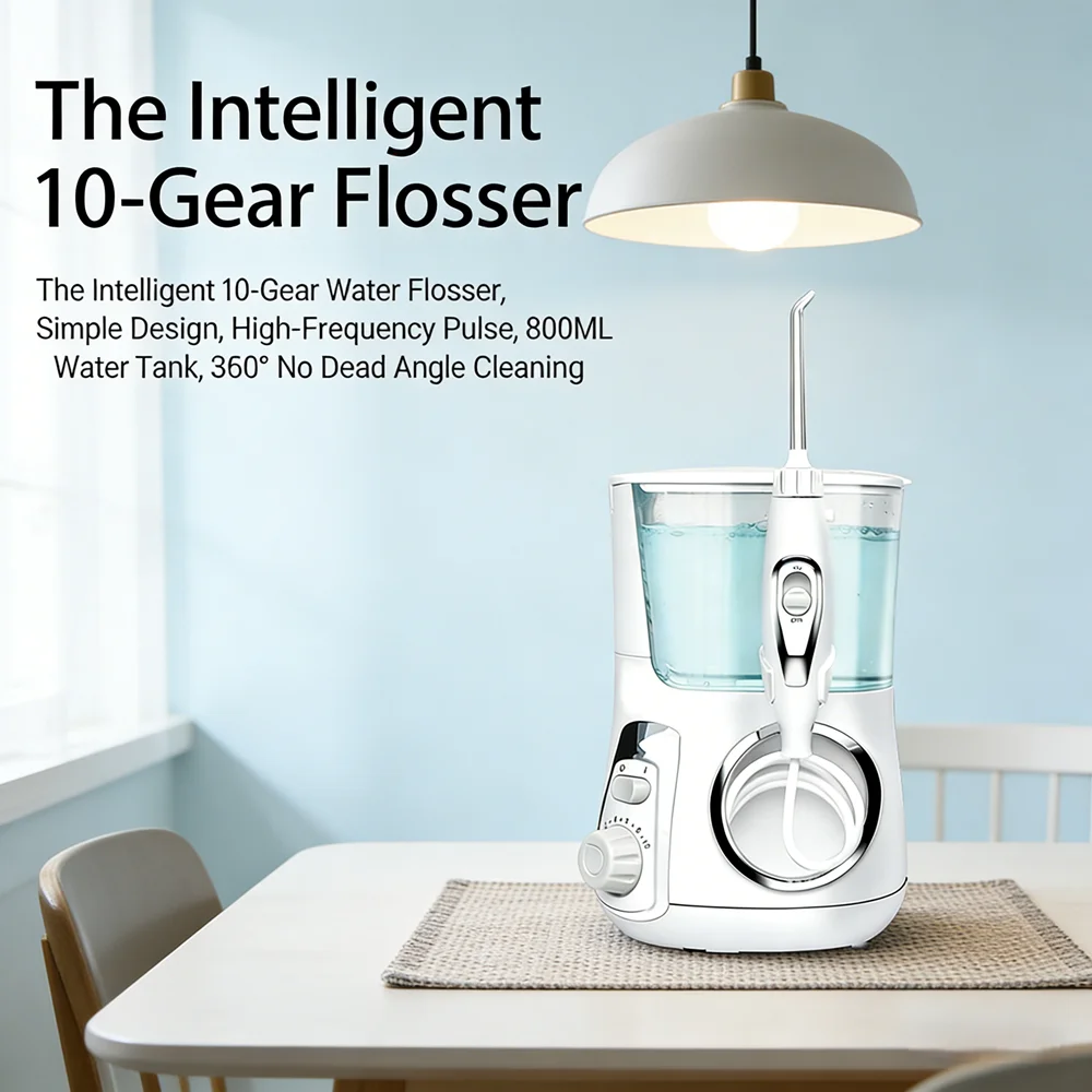 Home Desktop Dental Oral Irrigator Water Flosser, 5 Nozzles 10 Modes 800ML Tank Deep Oral Cleaning Fresh Breath