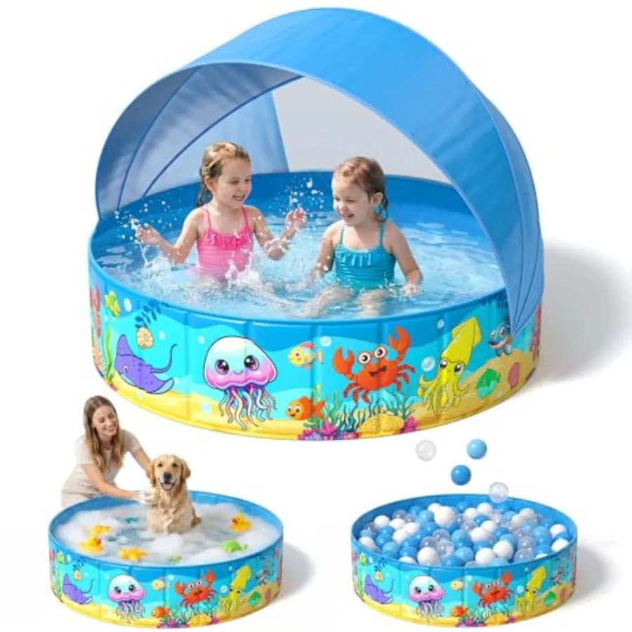 

Foldable Kiddie Pool with Canopy 47IN for Outdoor Backyard Beach Use, Hard Plastic Material, Blue Color, Detachable UPF 50+ Sha