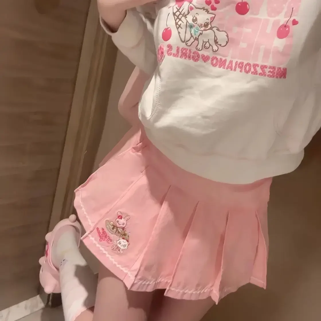 Japanese Cute Cartoon Mp Embroidery Pleated Skirt Summer Sweet Girl A-line Mini Skirt Fairycore Y2k Skirt Faldas Mujer Moda
