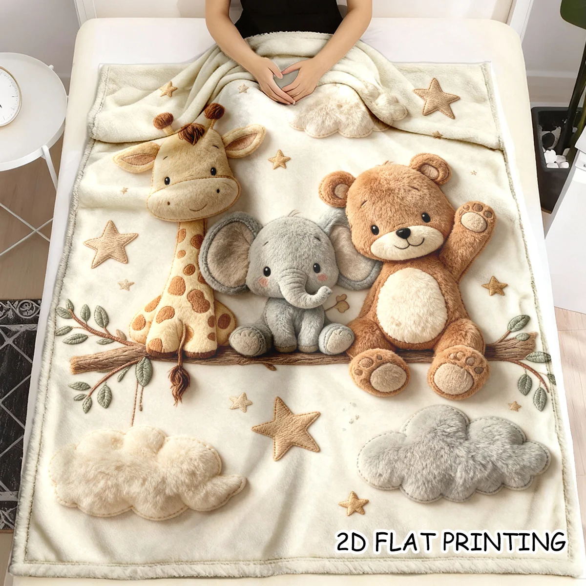 Cute Safari Animal Applique Fleece Throw Blanket for Nursery Decor Plush Jungle Kids Crib Bedding Gift Ideas