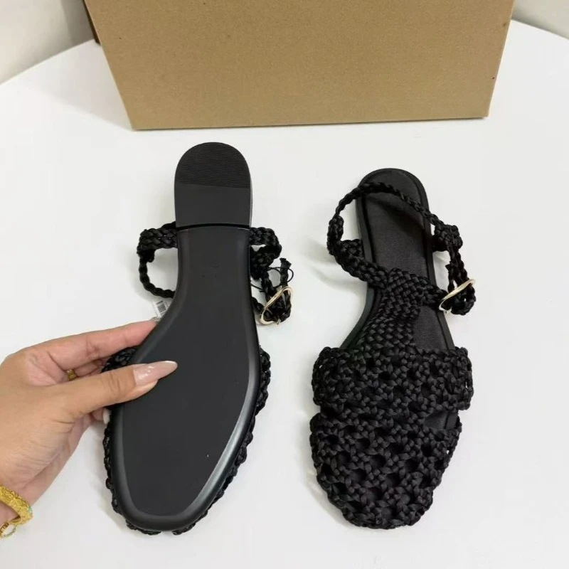 Women's Crochet Design Flat Sandals Square Toe Hollow Out Woven T-Strap Sandals Buckle Ankle Strap Casual Summer Mesh Shoes view 4