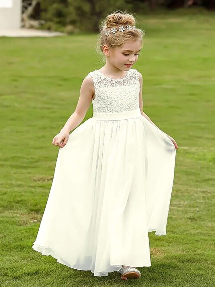 Robe de demoiselle d'honneur en mousseline de soie blanche pour enfants, robe de Rhd'anniversaire, robe de princesse en dentelle, ceinture dos nu, première occasion formelle, mariage