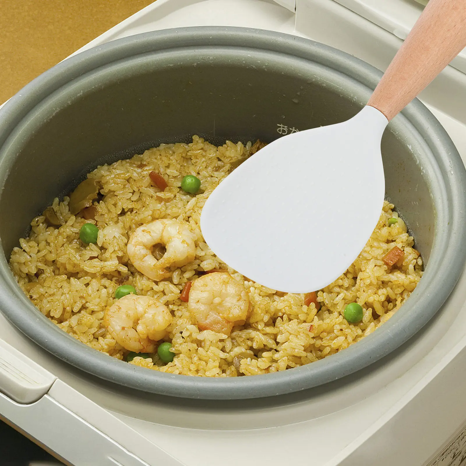 2Pcs Silicone Rice Paddle Heat Resistant Non Stick Self Standing Rice Spoon Wooden Handle Kitchen Cooking Serving Tool