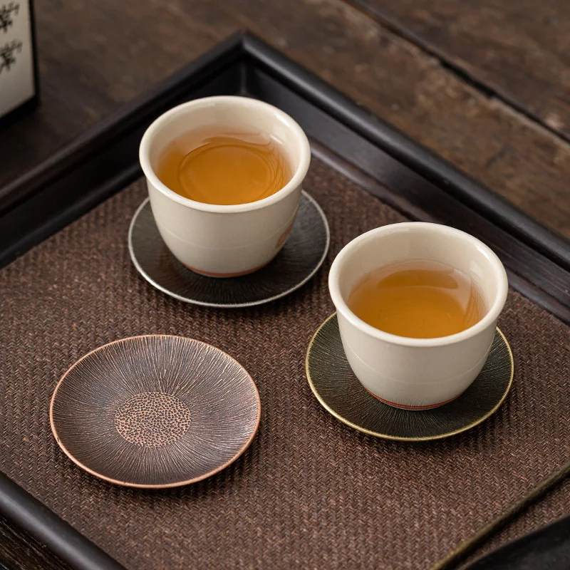 

Chinese antique copper coaster, alloy heat insulation teacup holder, old tea saucer, kung fu tea set, accessories with storage r