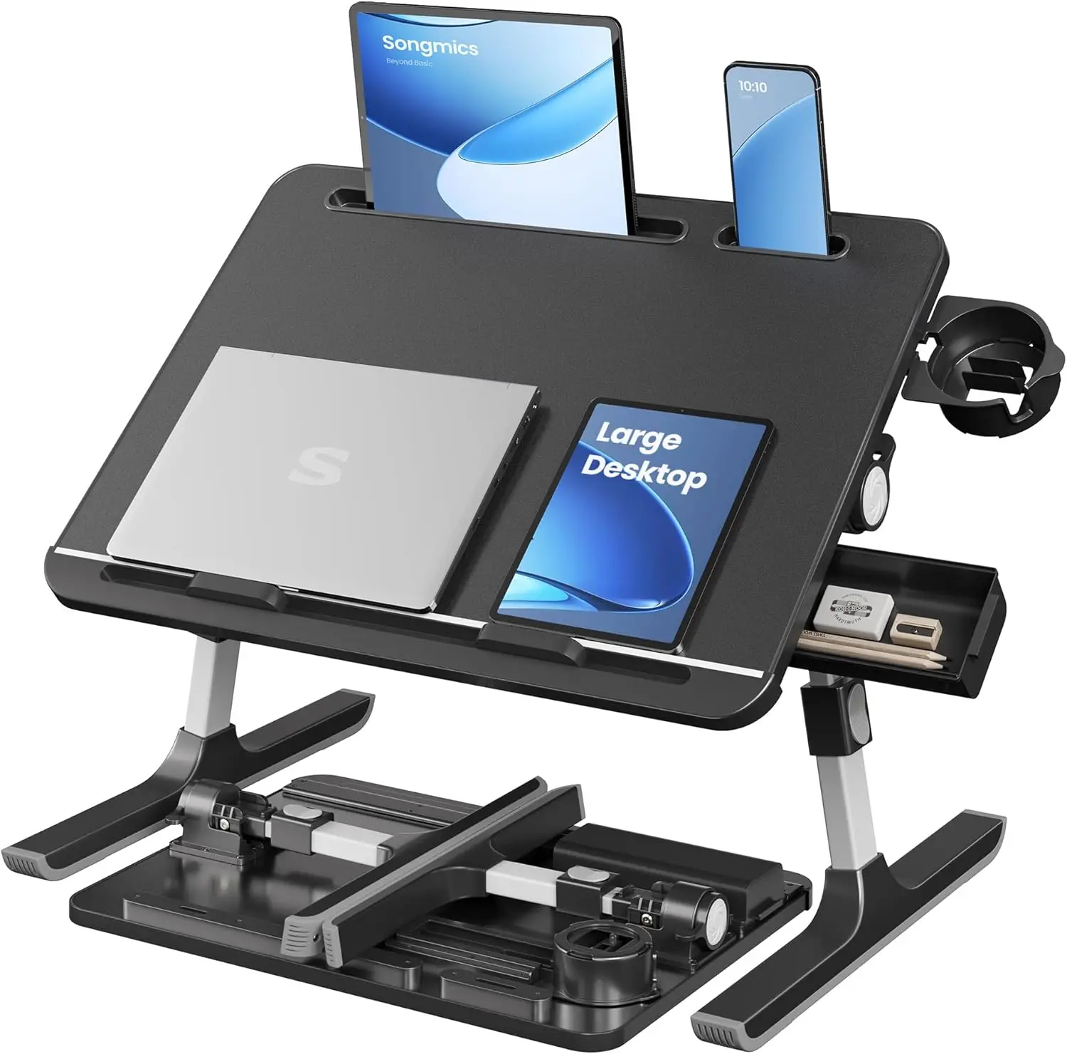 

Foldable Laptop Desk with Adjustable Height & Tilt, Large Surface, Cup Holder & Side Tray for Bed or Sofa Use