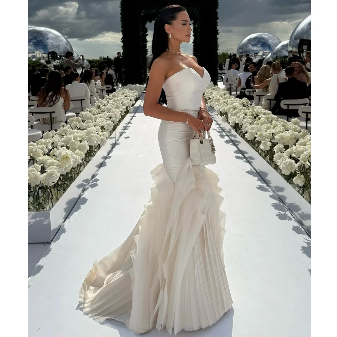

Elegant Mermaid Evening Dresses Woman Strapless vestidos de noche Tiered Ruffles Prom Dress Formal Wedding Party Gown Customized