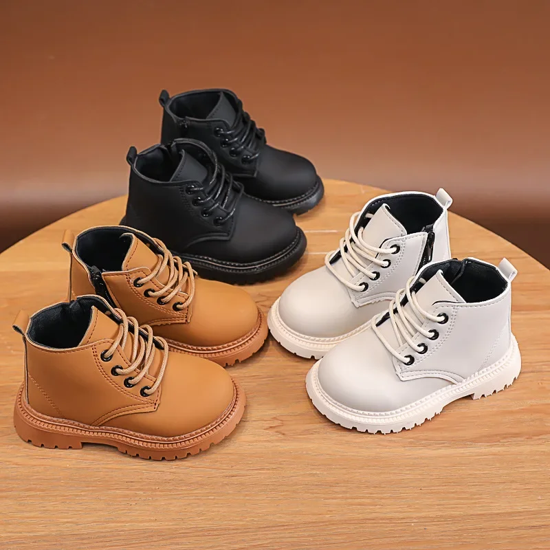 Autumn Boys Leather Shoes Fashion Solid Color Kids Ankle Boots Winter Warm Non-slip Children Girls Snow Boots