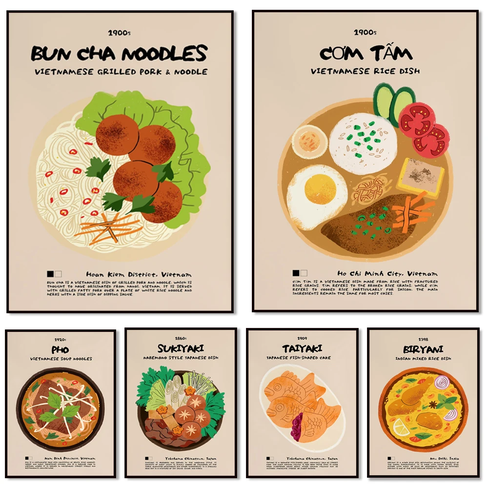 Chow Mein, Fried Rice, Bao Cha Noodles, Tang Yuan, Sushi Plate, Tonkatsu, Onigiri, Ramen, Sukiyaki, Com Tam, Pho Soup Food Poste
