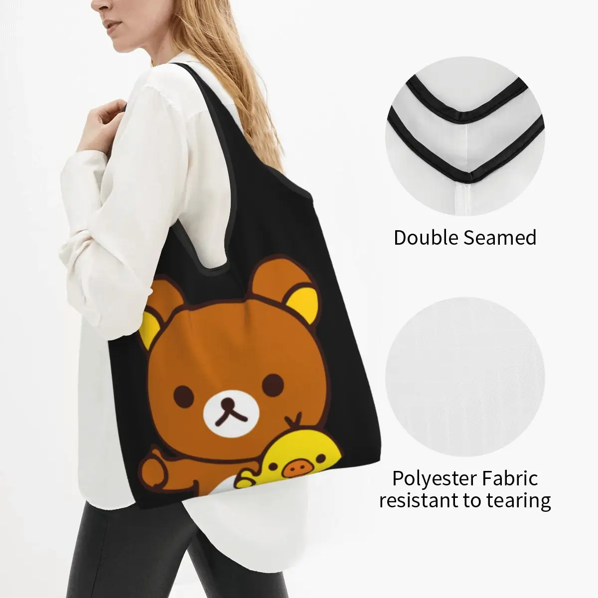 Rilakkuma Kiiroitori Grocery Bag Durable Large Reusable Recycle Foldable Heavy Duty Shopping Tote Bag Washable Attached Pouch