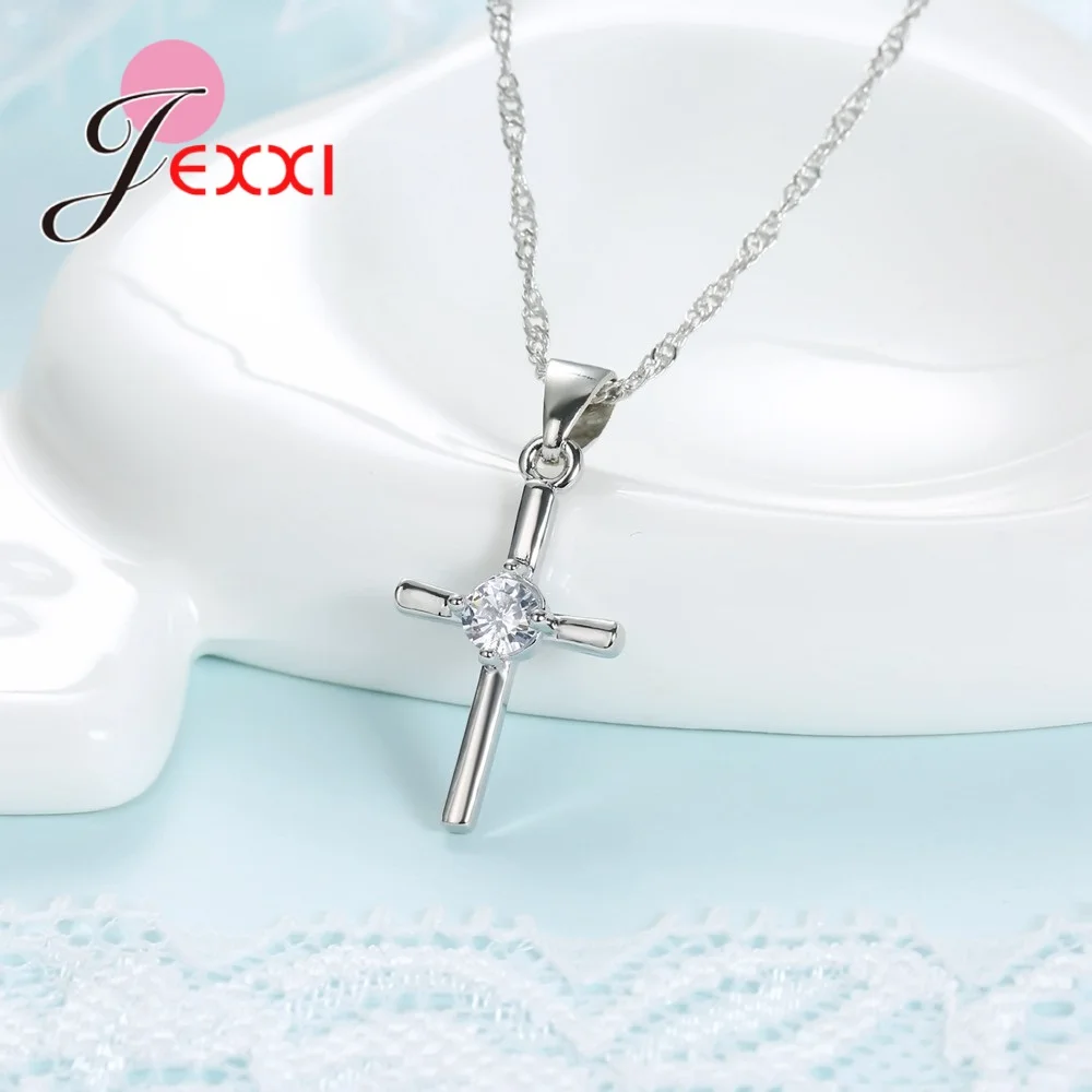 925 Sterling Silver Jewelry Set With Cross Shape White Crystal Pendant Necklace Hoop Earring Sets For Women Wedding Party