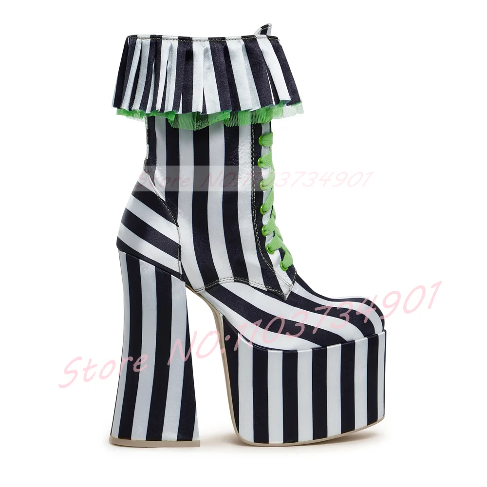Black and White Striped Satin Boots Women Platform Block High Heels Green Tulle Ruffles Ladies Halloween Festival Party Boots