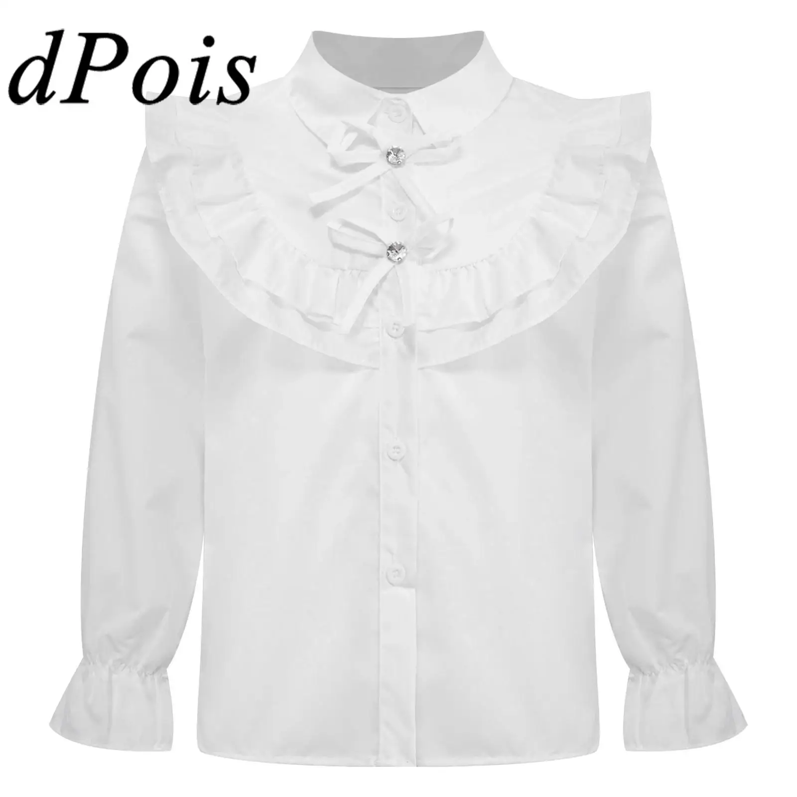 Uniforme escolar de babados fofo para crianças, camisas brancas para meninas, cor sólida, gola virada para baixo, manga comprida, tops de botão, roupa casual