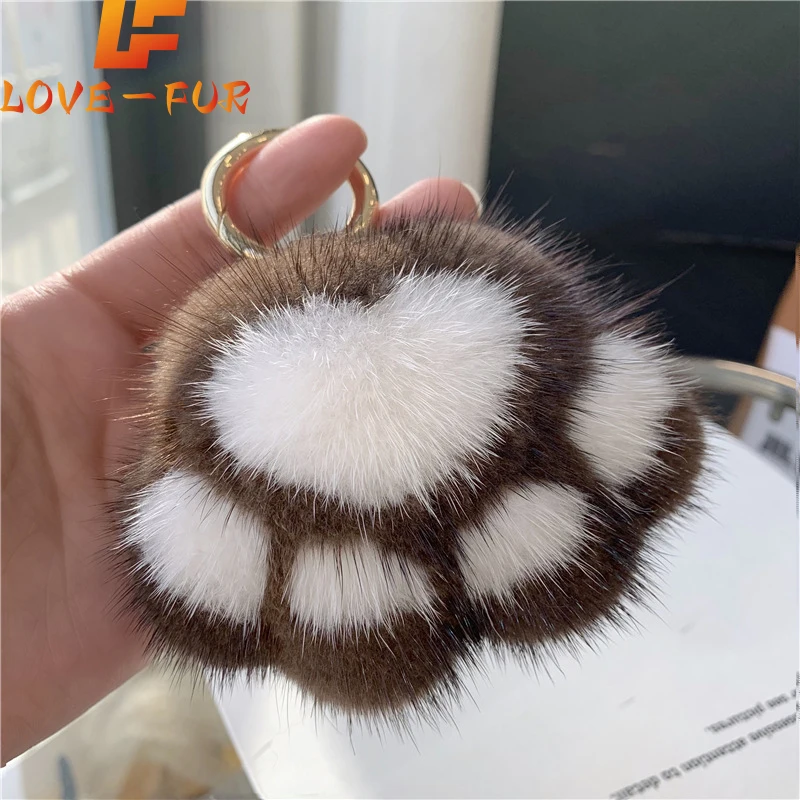 

Pendant Keyrings Gift Plush Cute Cat Claw Real Mink Fur Keychain Women Bag Ornaments Small Paw Toy Soft Pom Pom Ball Car Key