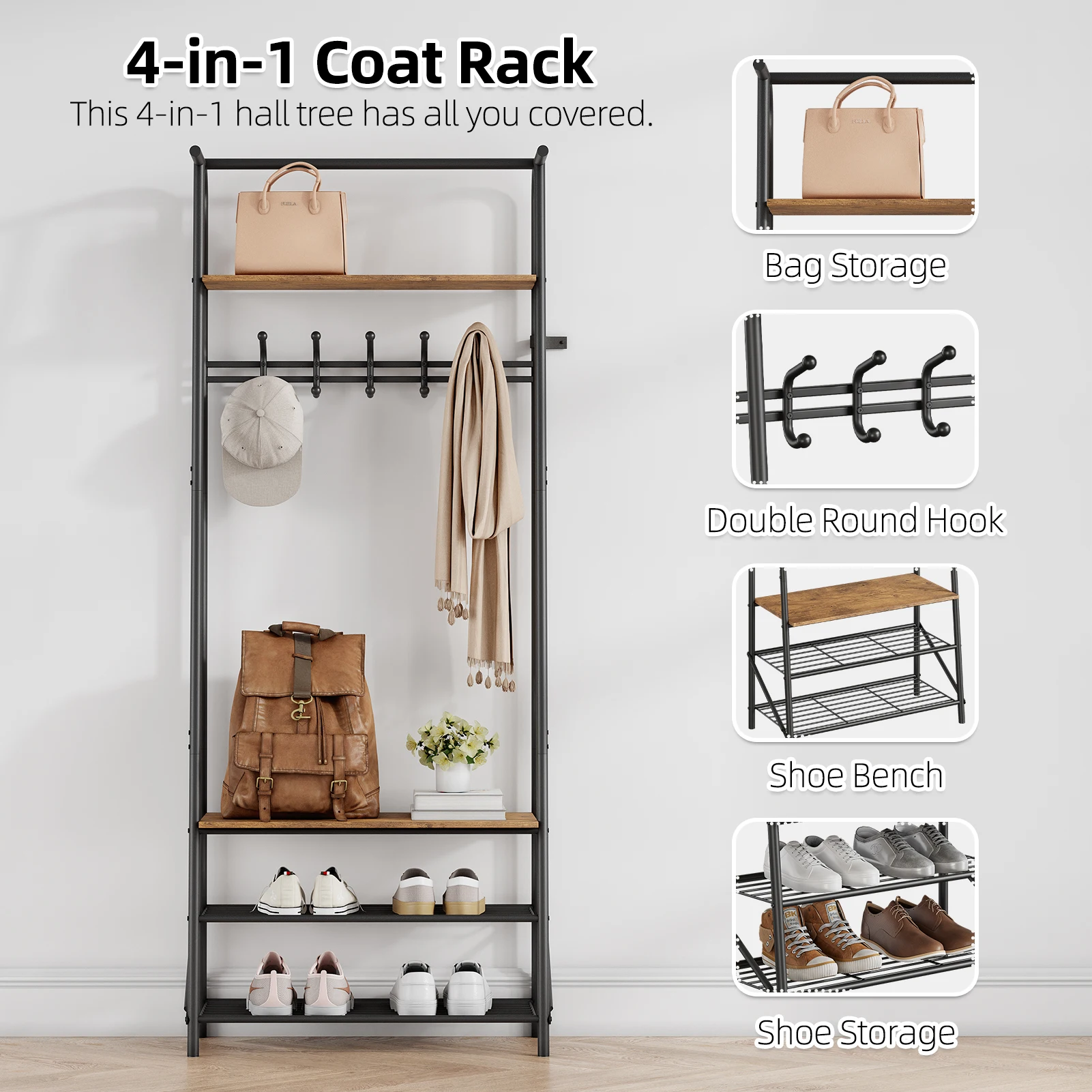 Coat Rack Shoe Bench with 5 Hooks, Entryway Hall Trees with Storage, Multifunctional Hallway Organizer