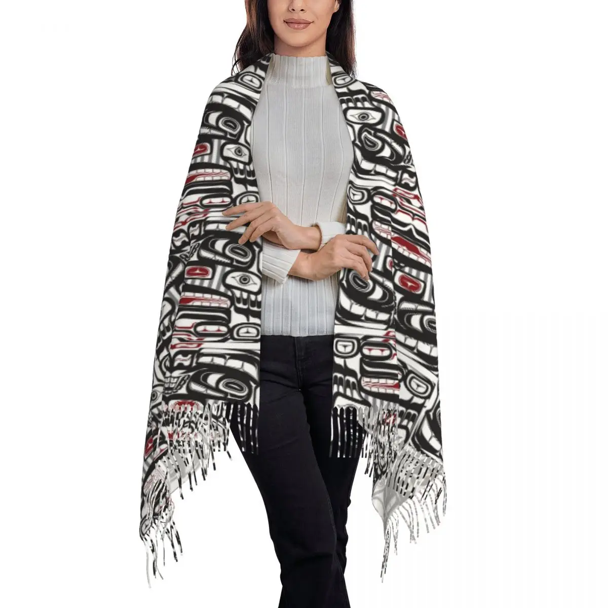 Thunderbird Bear Orca Totem Pole Scarf Tassel Scarves for Women Soft Warm Shawls and Wraps Long Fall Winter Shawl Wrap