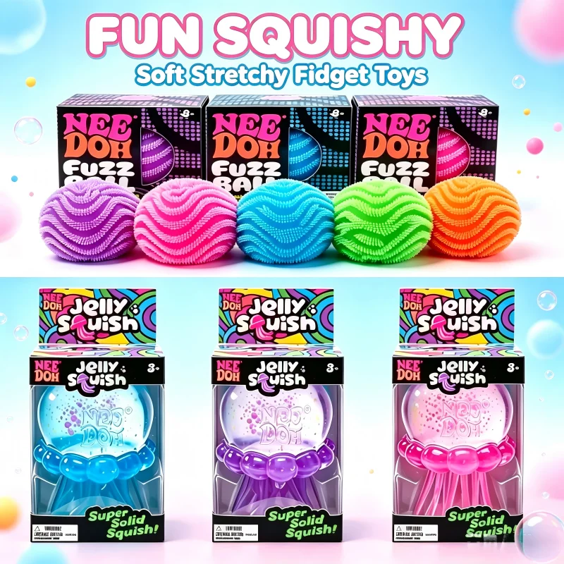 NeeDoh Fuzz Ball Jellyfish Squishy Blind Box Random Color Soft Stress Relief Toy Cute Relaxing Squeeze Sensory Toy Squishies