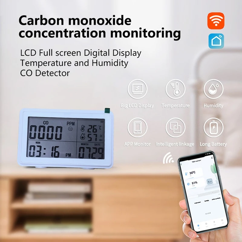 T81C Tuya Wifi Smart Desktop Clock With Alarm Calendar Thermometer Hygrometer CO Detector LCD Display For Alexa And Google