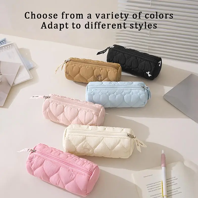 Soft Quilted Heart Pencil Case With Large Capacity And Smooth Zipper Perfect For Students School Office Stationery Storage