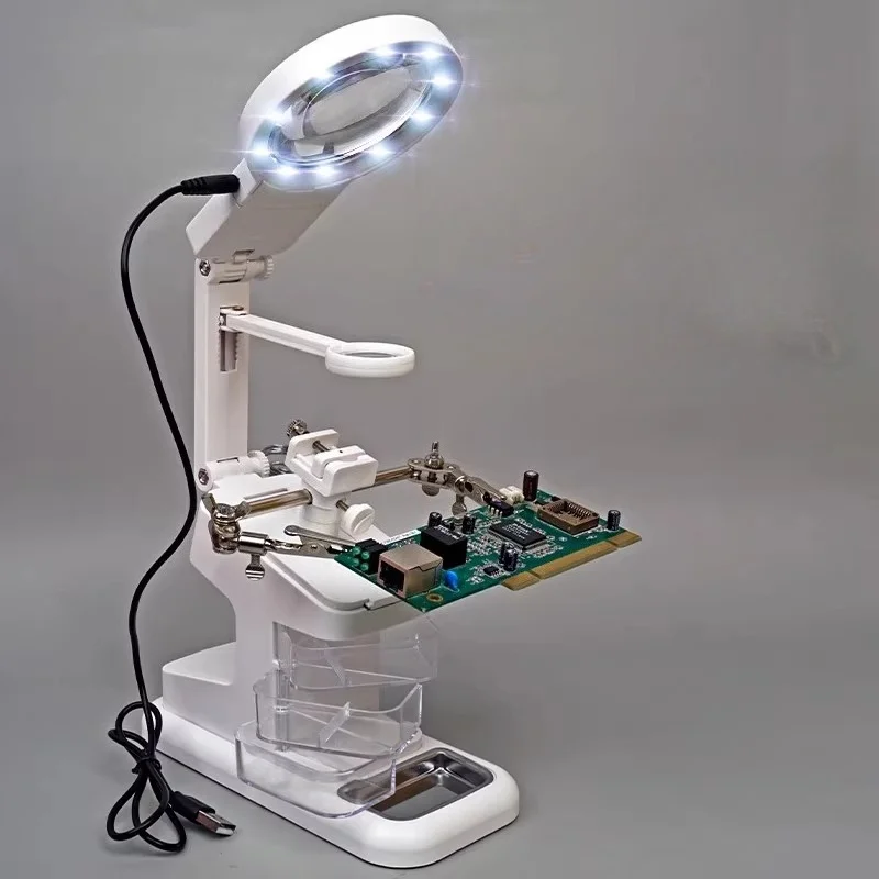 

Desktop Magnifier Repair with Jig HD Magnifying Glasses with LED Lights Solder Clamp Specialized Helping Hand Soldering Loupe